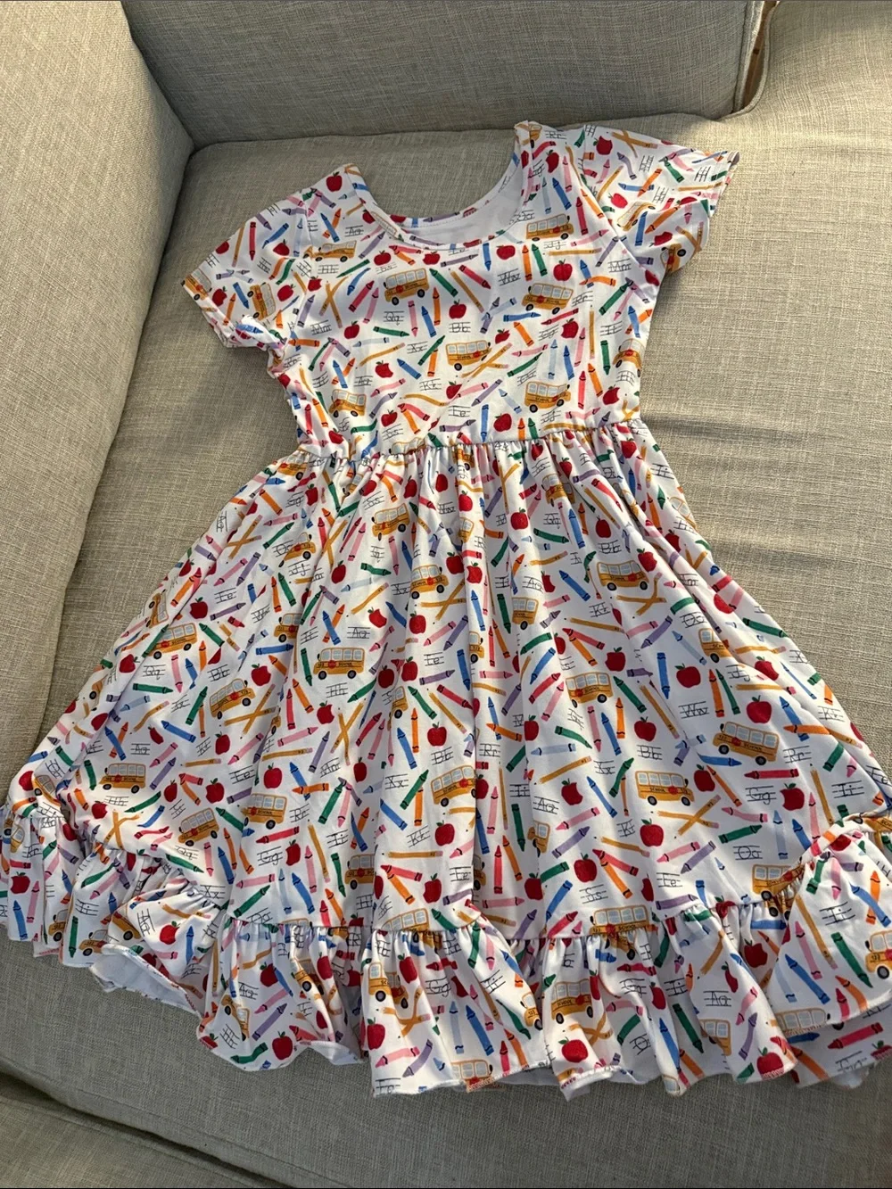 Back to School White School-Print Twirl Dress for Girls